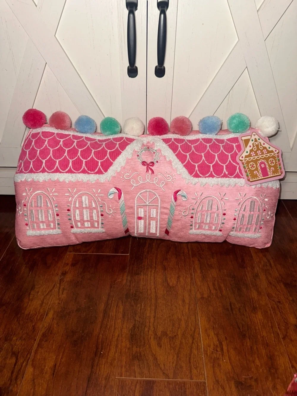 Festive Pink Gingerbread House Decorative Holiday Pillow